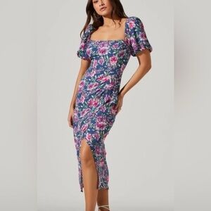 ASTR Floral Square Neck Slit Front Midi Dress